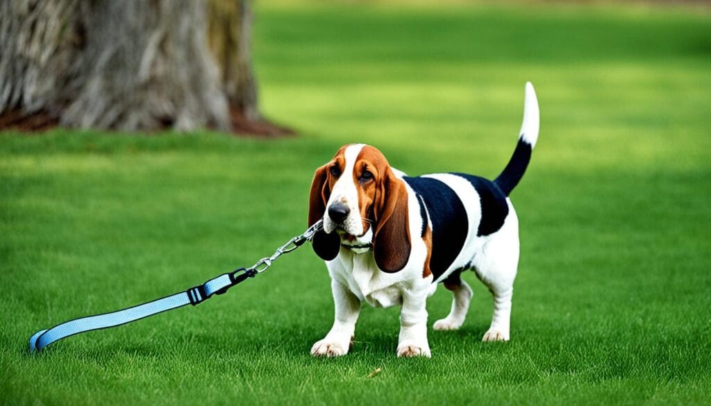 Basset Hound on a leash during daily walk
