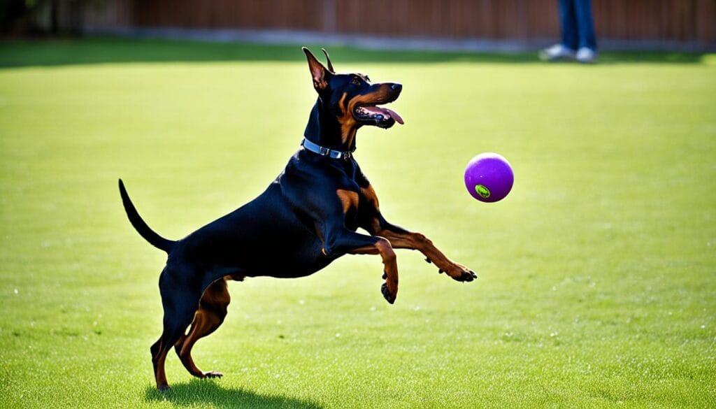 Doberman Pinscher engaging in interactive play