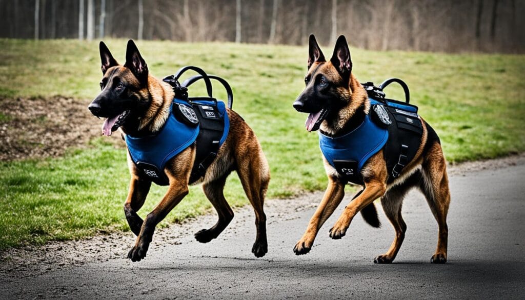 Malinois police dogs working alongside their handlers