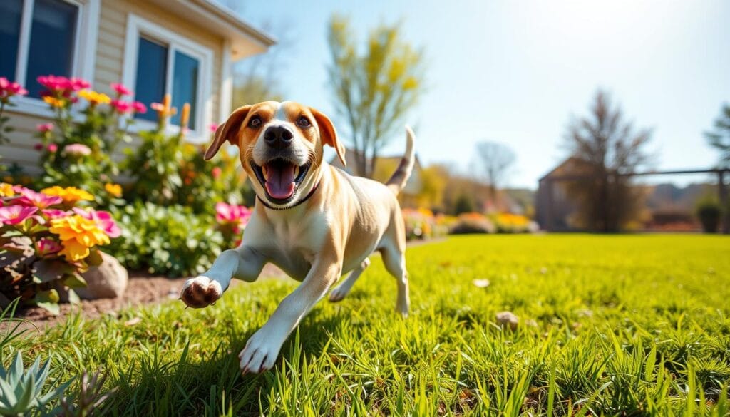 Beagle hound dog playing in the yard