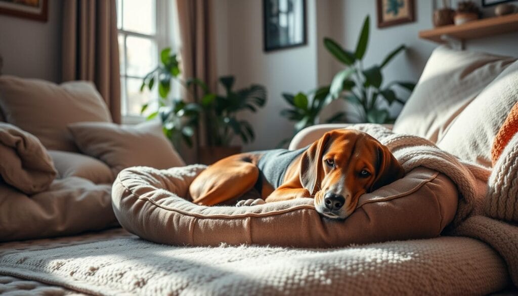 Hound dog in a safe and comfortable home